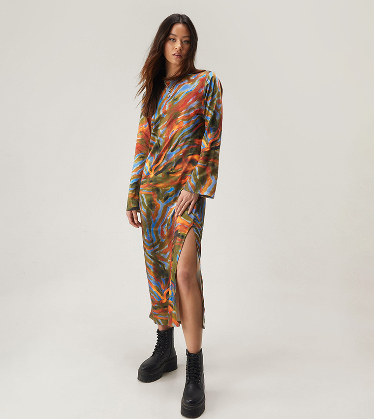 nasty gal midi dress Warehouse Women's Floral Crinkle Satin Bias Button Side Midi Dress in Orange