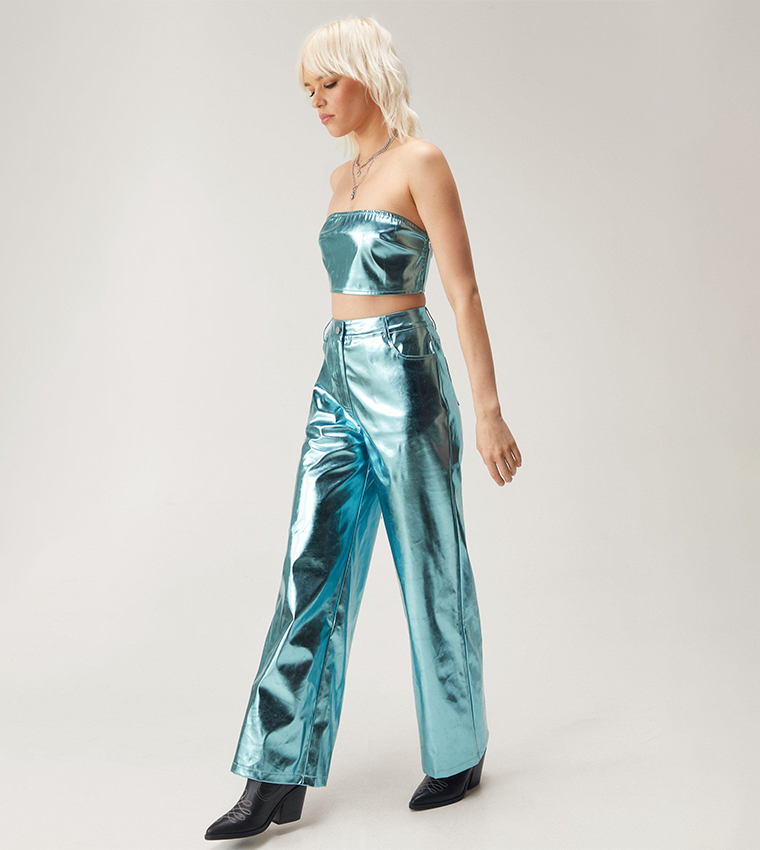 Buy Nasty Gal Metallic Faux Leather Wide Leg Pants In Blue