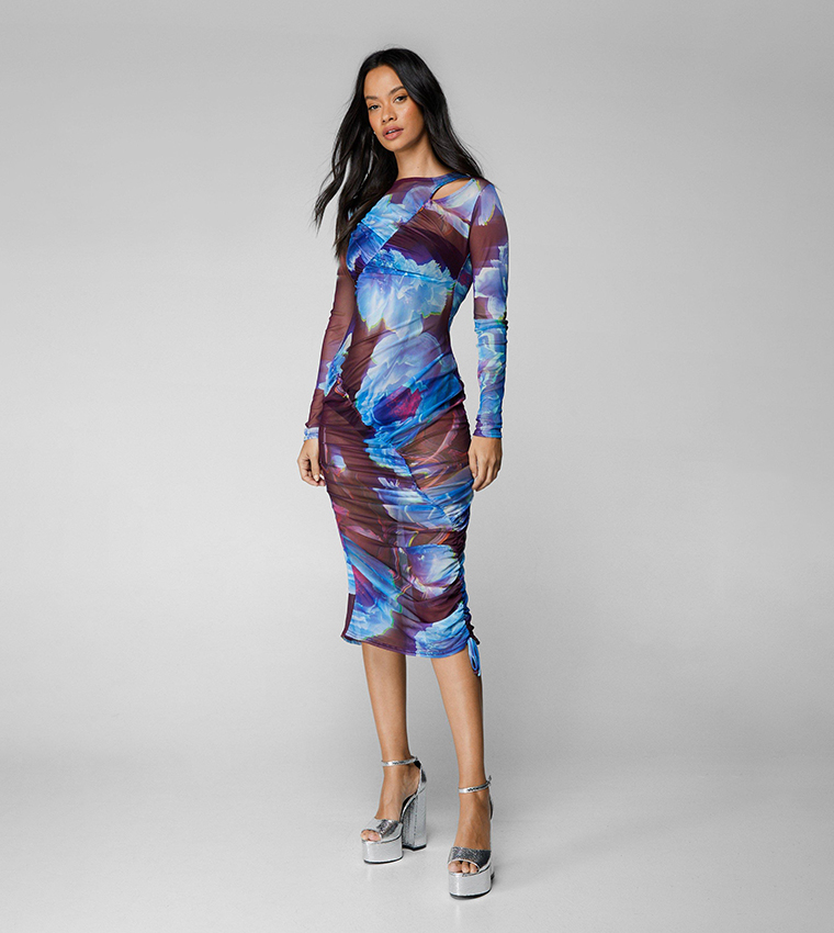 nasty gal midi dress Multi Warehouse Print Sequin Fringe Embellished One Shoulder Midi Dress