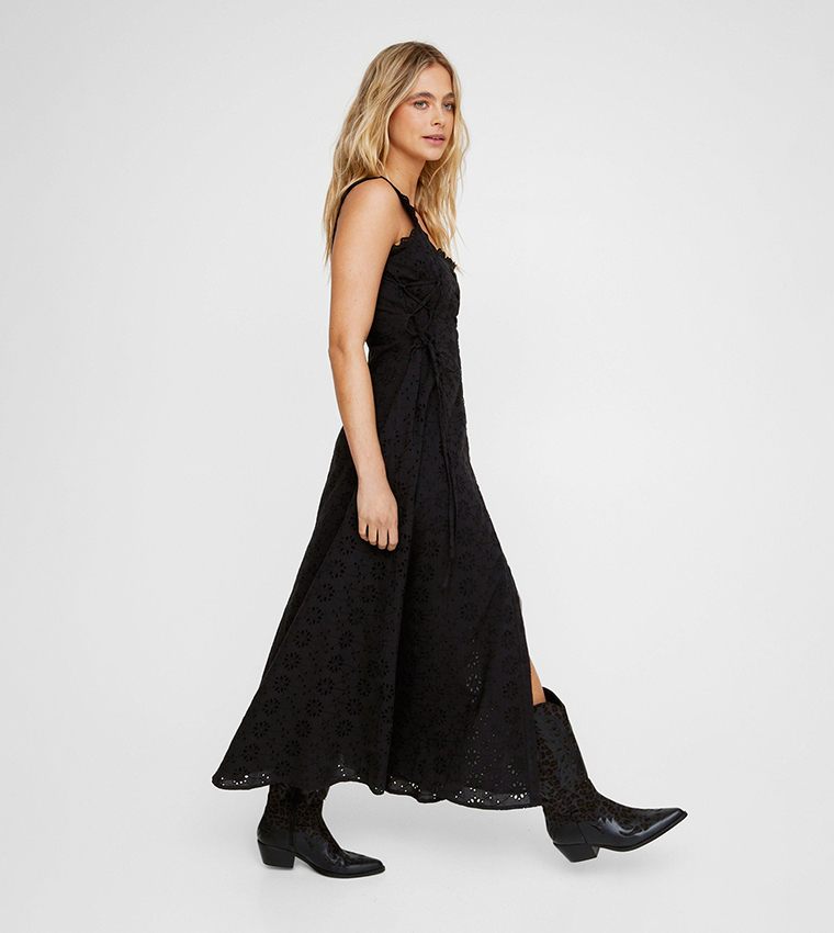 Soft Corset Broderie Lace Up Side Midi Dress
