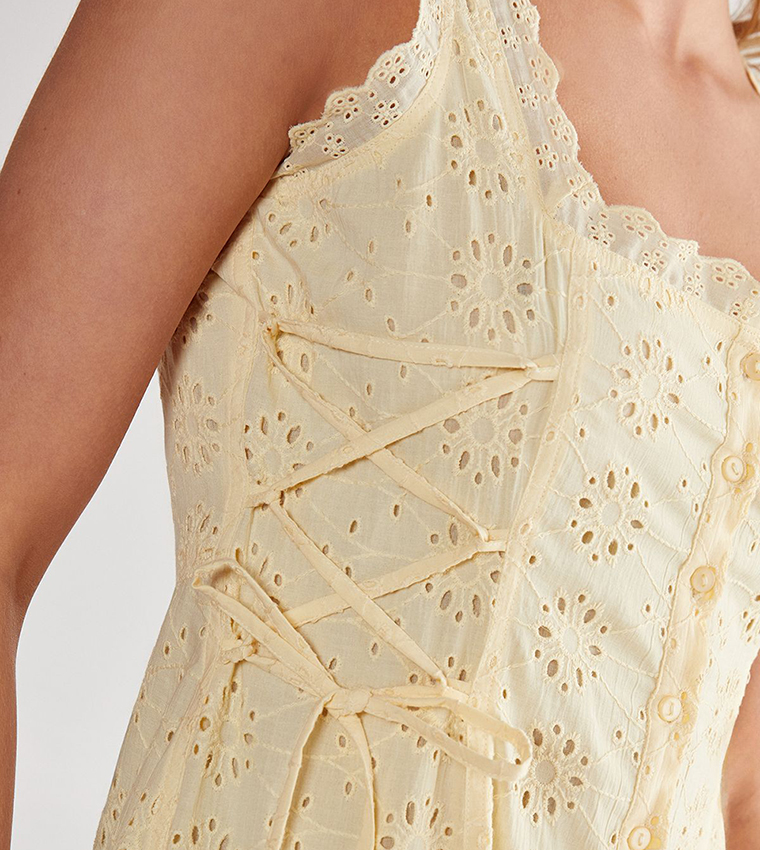 Soft Corset Broderie Lace Up Side Midi Dress