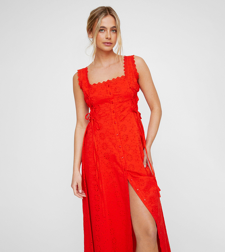 Buy Nasty Gal Soft Corset Broderie Lace Up Side Midi Dress In Red |  6thstreet Qatar