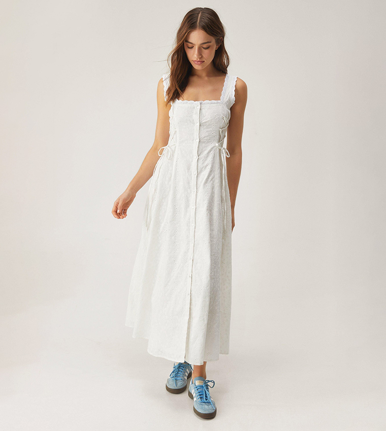 Soft Corset Broderie Lace Up Side Midi Dress