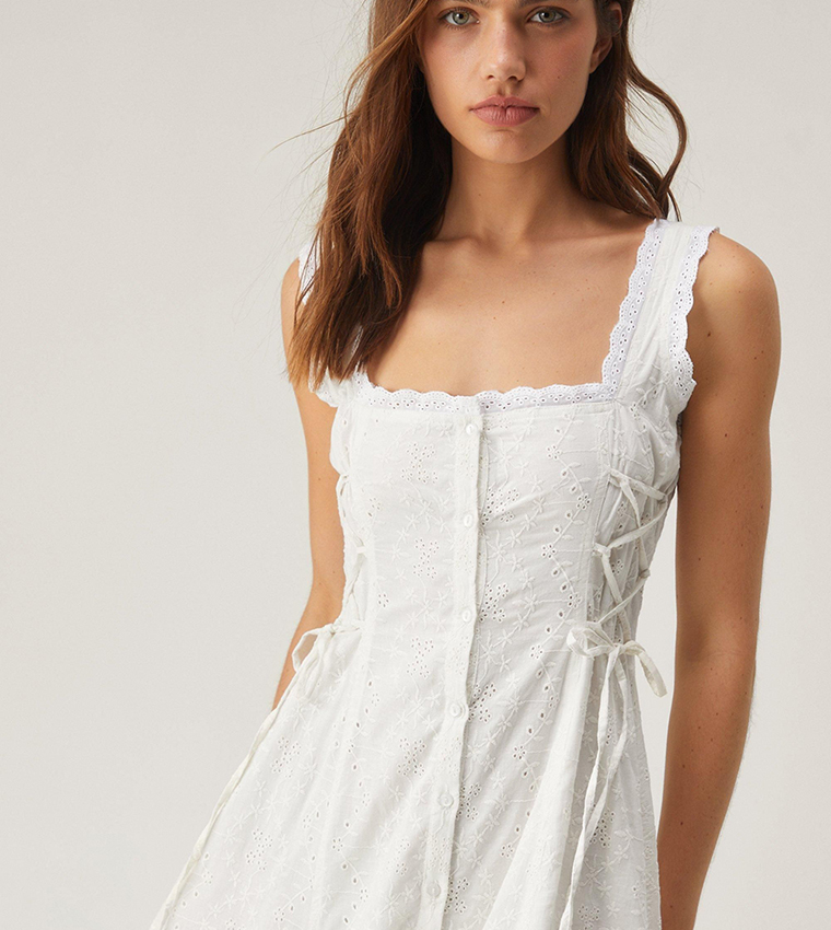 Soft Corset Broderie Lace Up Side Midi Dress