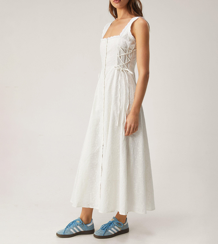 Soft Corset Broderie Lace Up Side Midi Dress