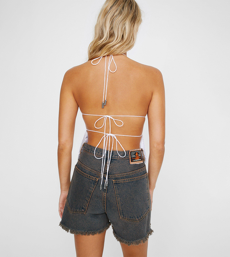 Studded Lace Trim Halter Tie Back Top