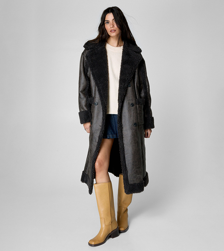 Distressed Maxi Bonded Aviator Jacket