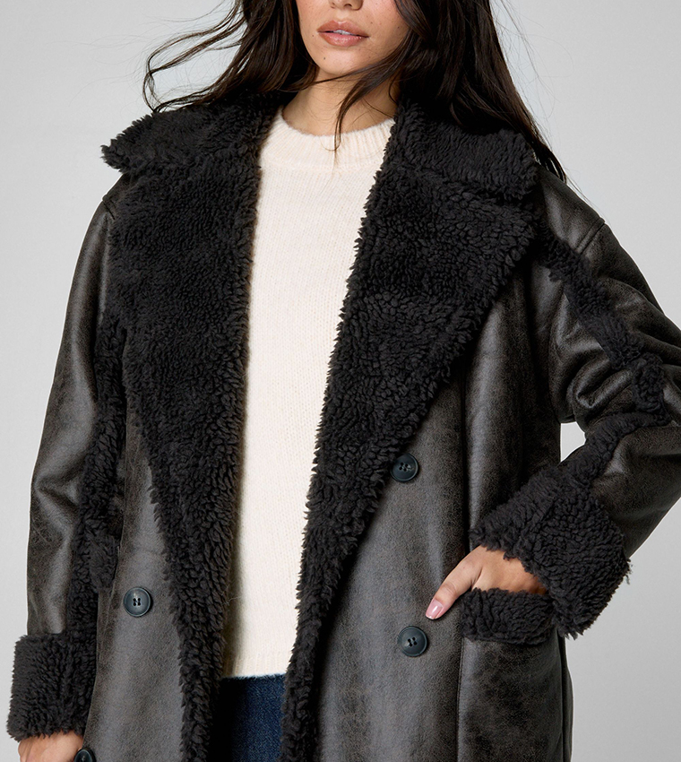 Distressed Maxi Bonded Aviator Jacket
