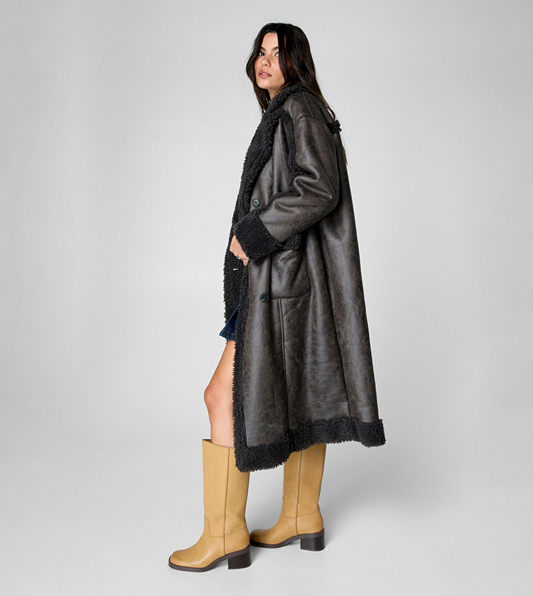 Distressed Maxi Bonded Aviator Jacket