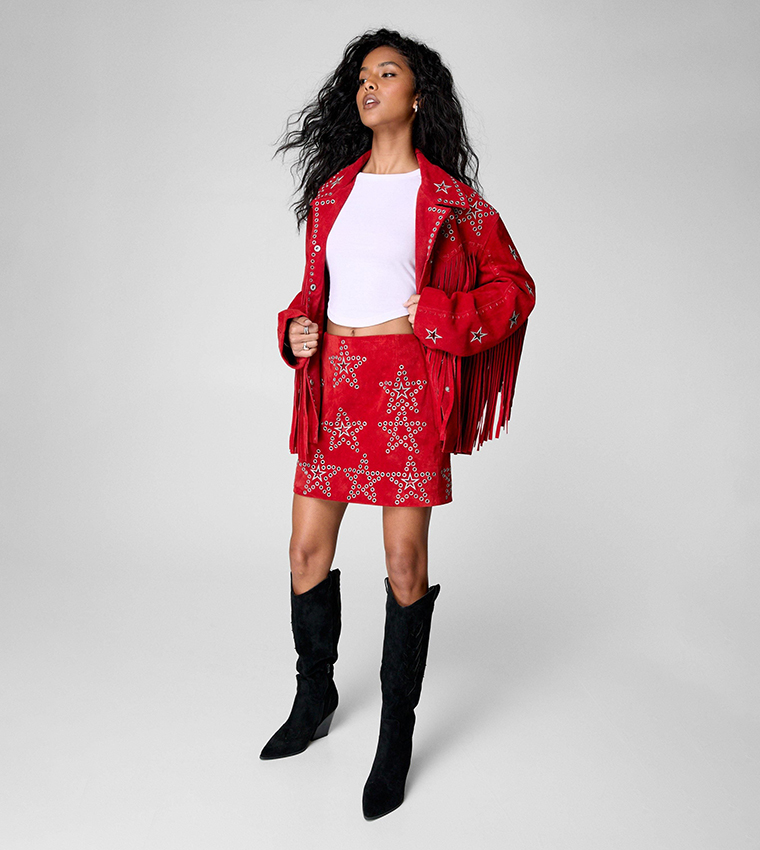 Buy Nasty Gal Premium Star Studded Suede Mini Skirt In Red 