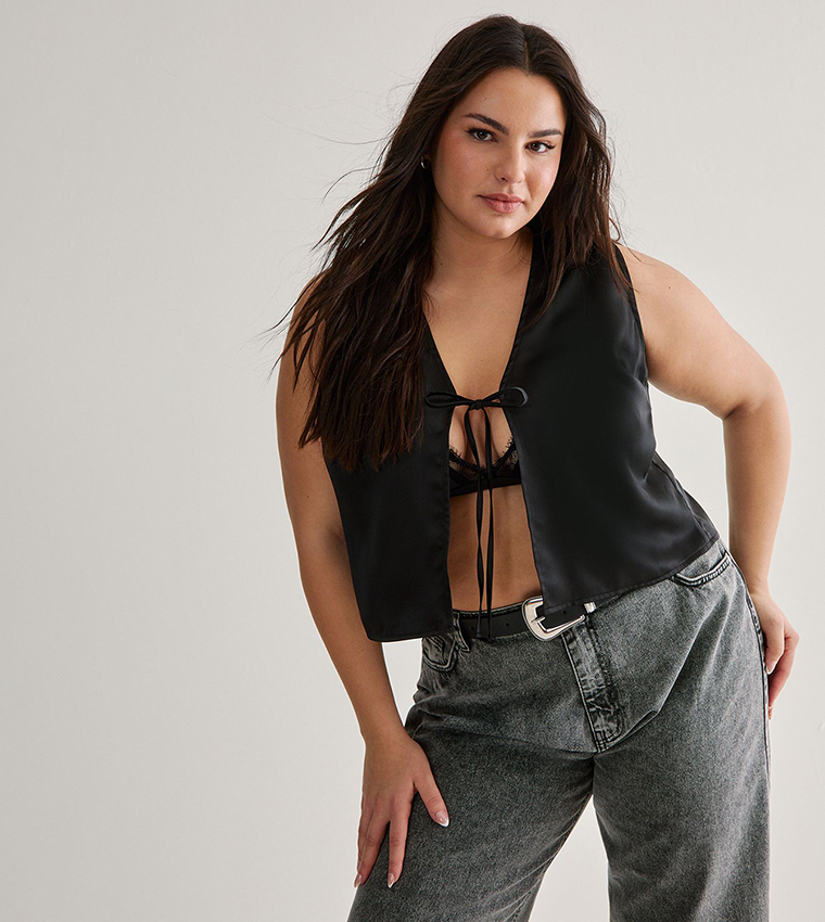 Buy Nasty Gal Curve Satin Tie Front Waistcoat In Black | 6thstreet
