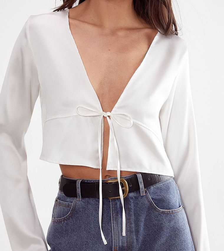 Satin Tie Front Long Sleeves Crop Top