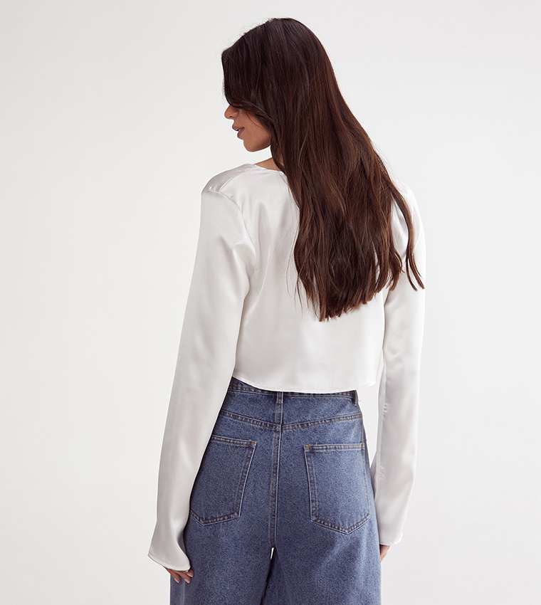 Satin Tie Front Long Sleeves Crop Top