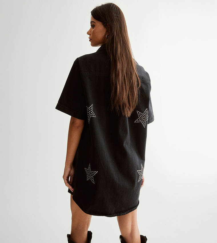 Buy Nasty Gal Star Studded Denim Shirt Mini Dress In Black