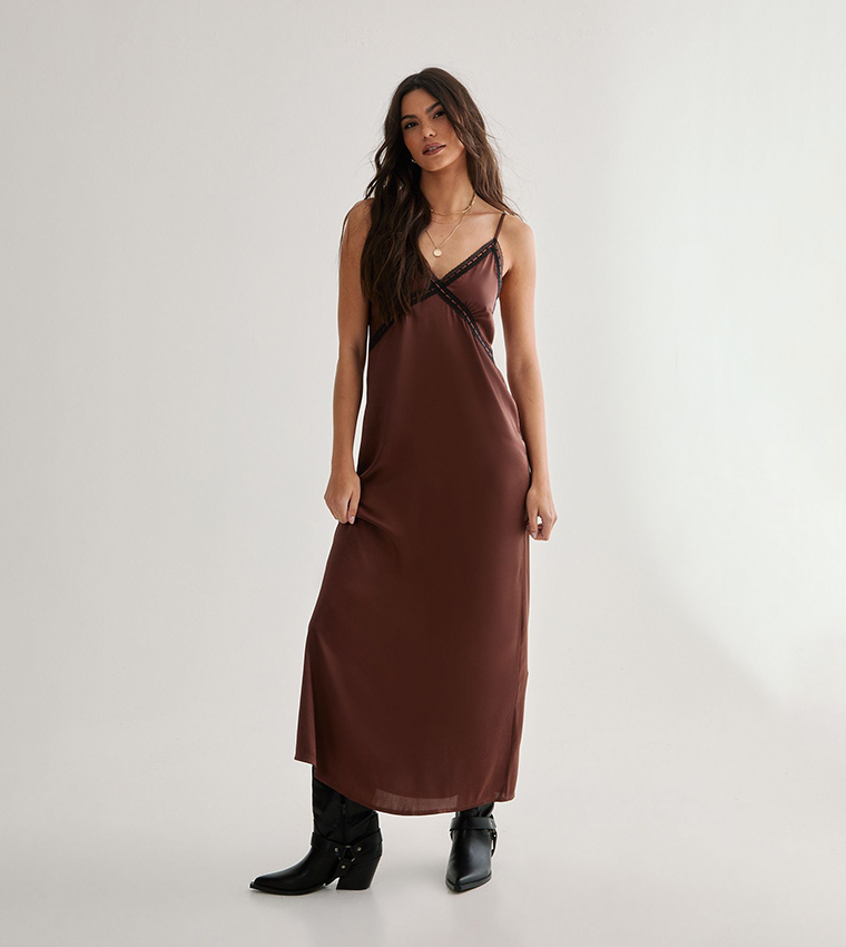 Buy Nasty Gal Satin Ribbon Lace Trim Maxi Slip Dress In Brown | 6thstreet Qatar Buy Nasty Gal Satin Ribbon Lace Trim Maxi Slip Dress In Brown | 6thstreet Qatar