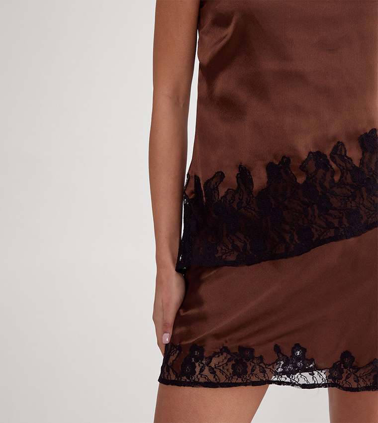 Satin Lace Cutwork Bandeau Asymmetric Top