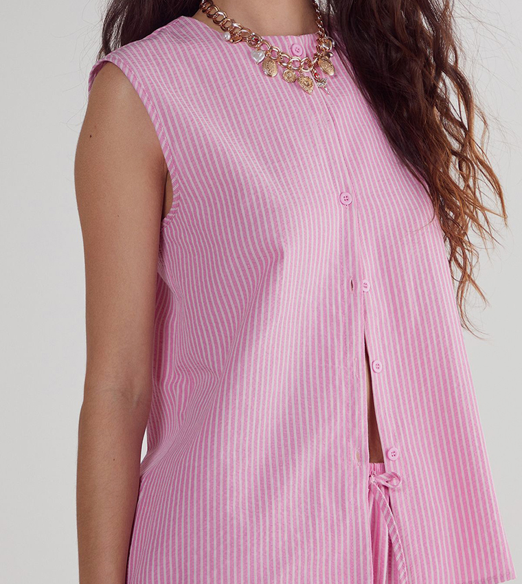 Striped Button-Front Sleeveless Top
