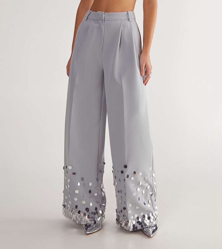 سروال واسع لامع بخصر عالي