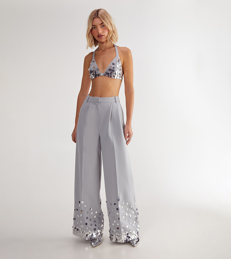 سروال واسع لامع بخصر عالي