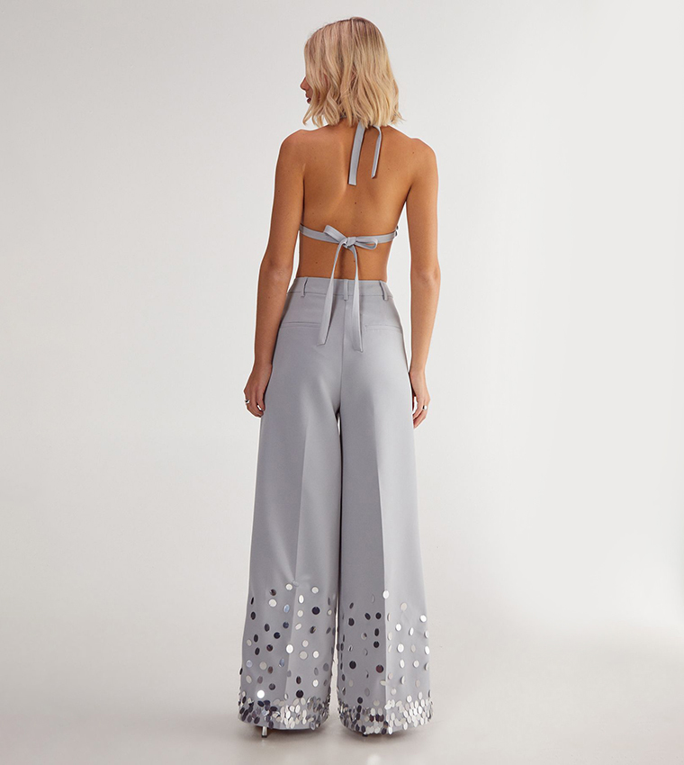 سروال واسع لامع بخصر عالي