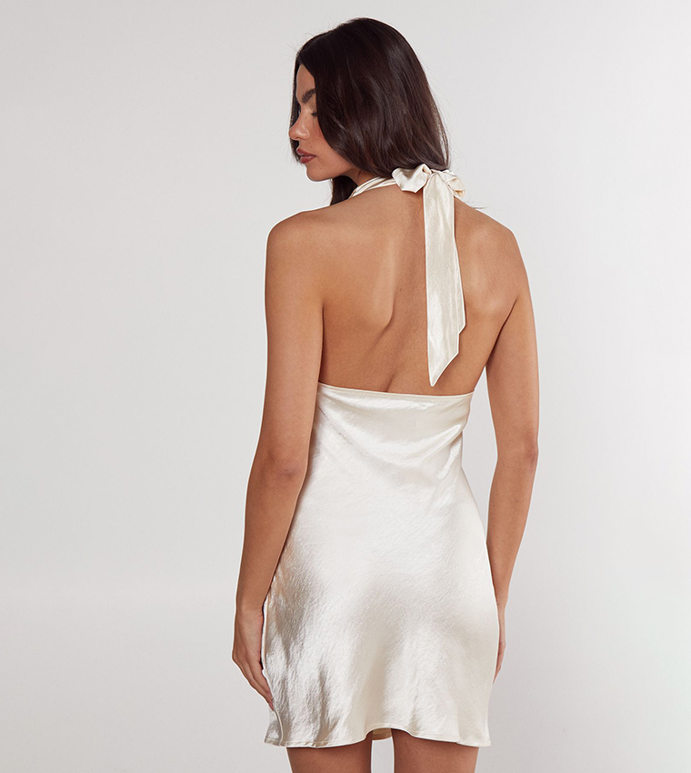 Solid Satin Cowl Neck Mini Dress
