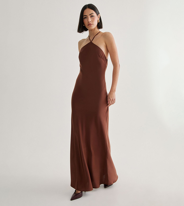 Satin Halter Neck Maxi Dress