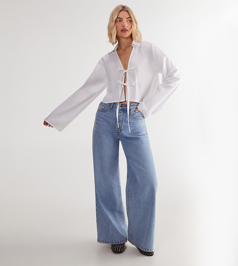 Tie Front Collared Long Sleeves Shirt