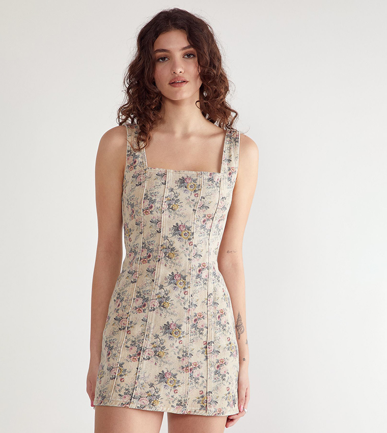 Floral Printed Denim Mini Dress