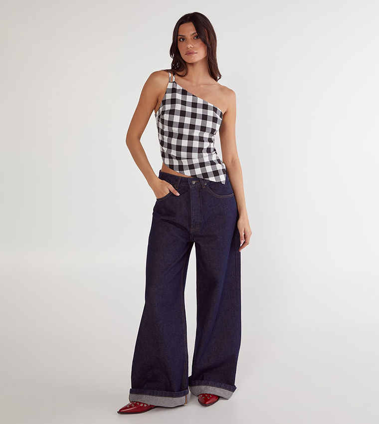 Gingham Tailored One Shoulder Top