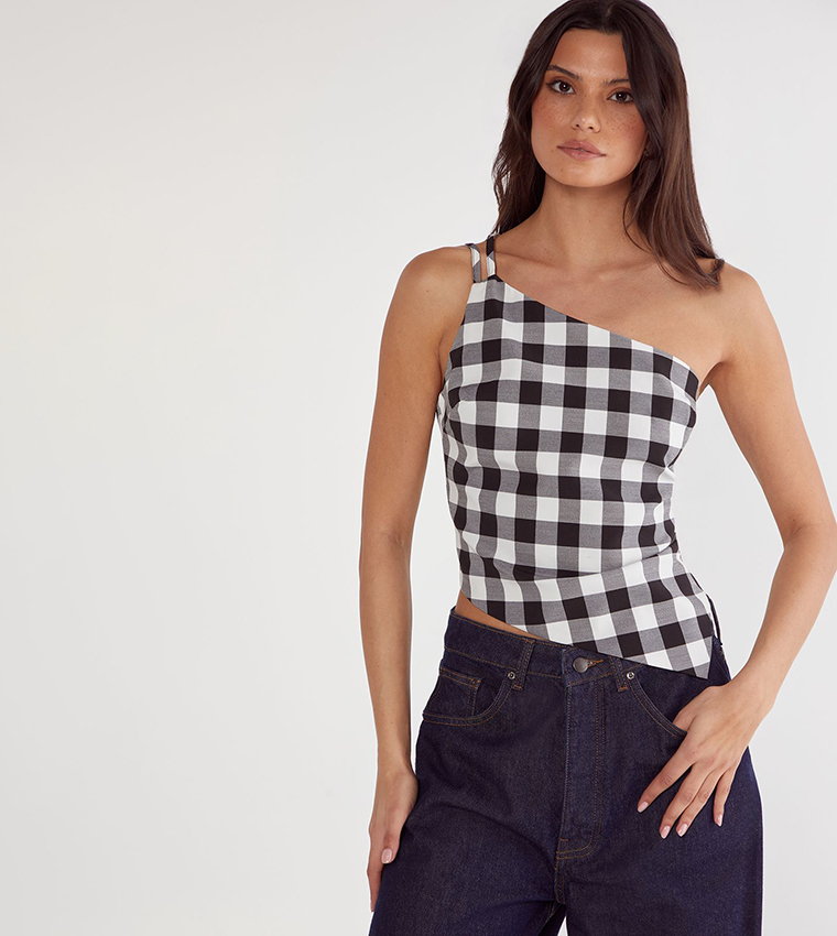 Gingham Tailored One Shoulder Top