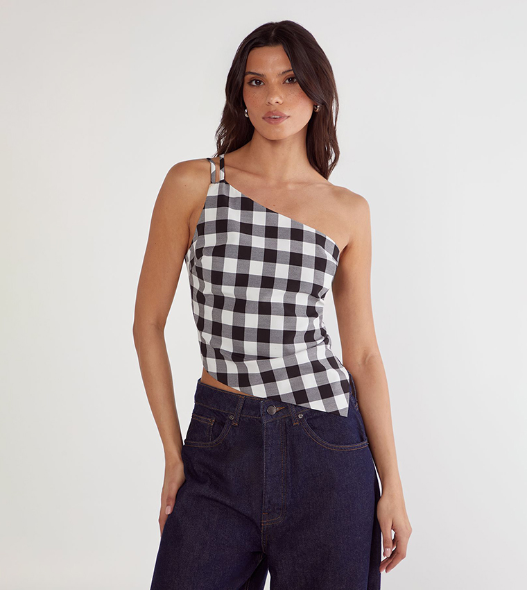 Gingham Tailored One Shoulder Top