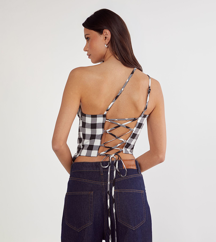 Gingham Tailored One Shoulder Top