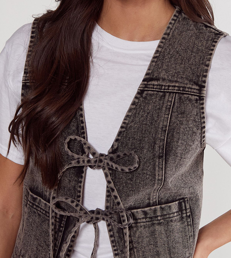 Washed Tie Front Denim Gilet