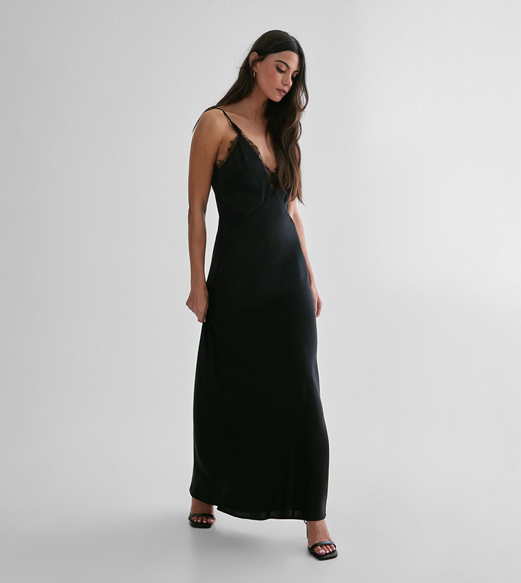 Buy Nasty Gal Lace Trim Satin Maxi Dress In Black 6thStreet UAE