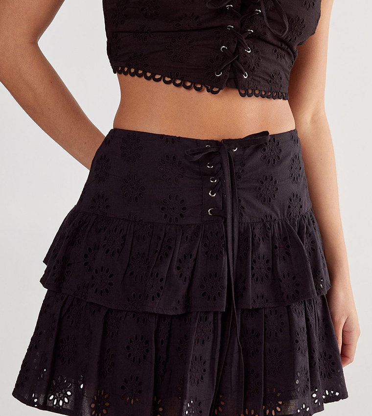 Broderie Lace-Up Tiered Mini Skirt
