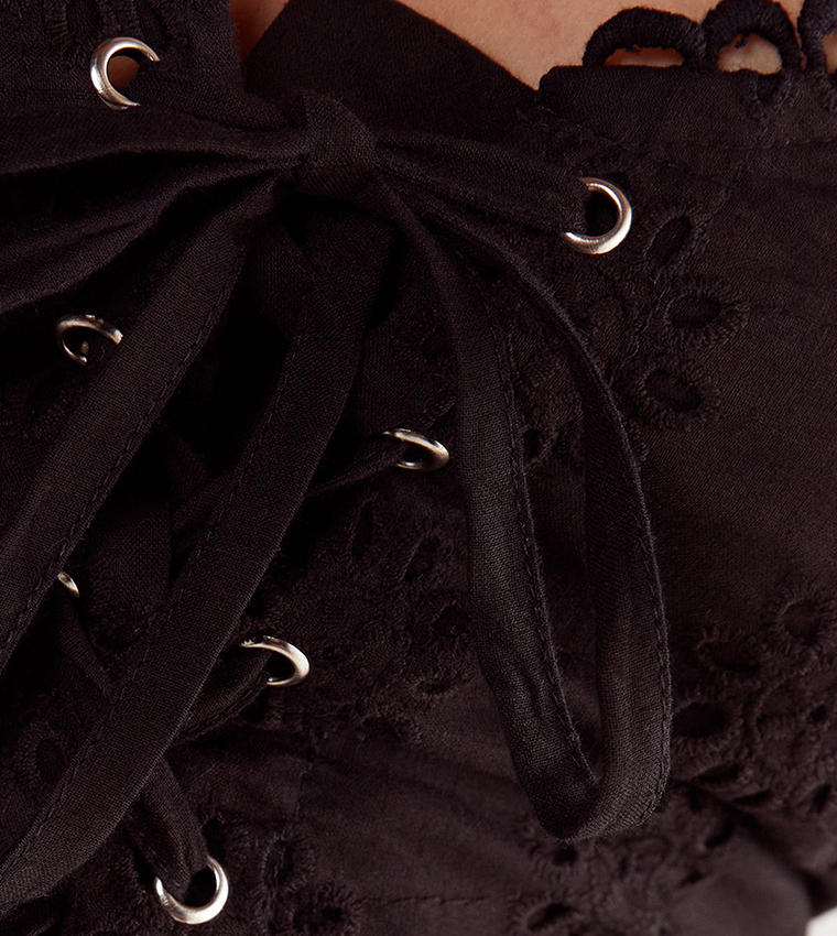 Broderie Lace-Up Tiered Mini Skirt