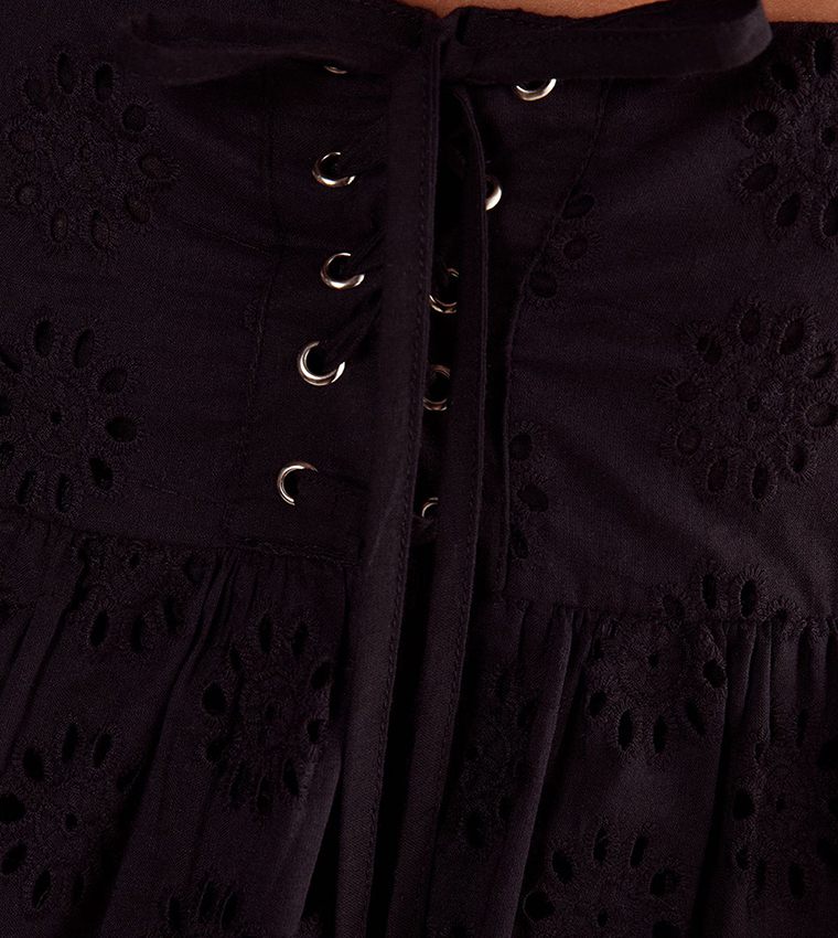 Broderie Lace-Up Tiered Mini Skirt