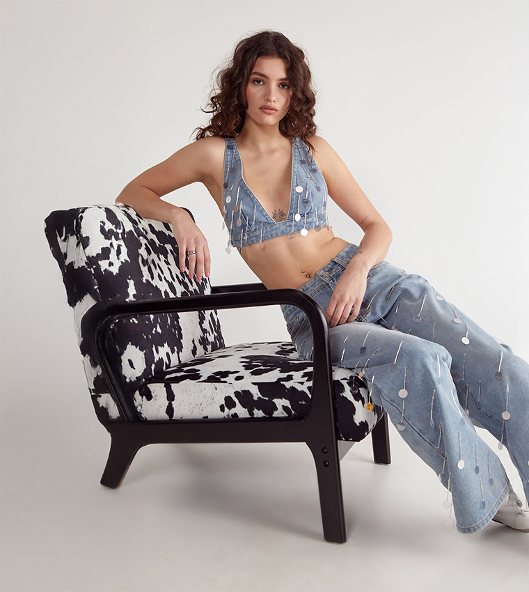 Bead Embellished Wide Leg Jeans