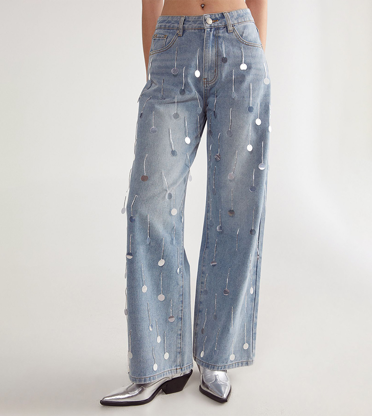 Bead Embellished Wide Leg Jeans