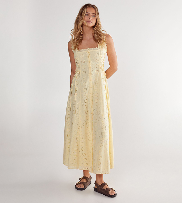Soft Corset Broderie Lace Up Side Midi Dress