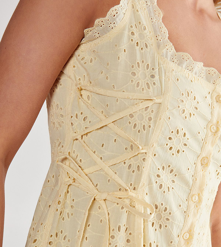 Soft Corset Broderie Lace Up Side Midi Dress