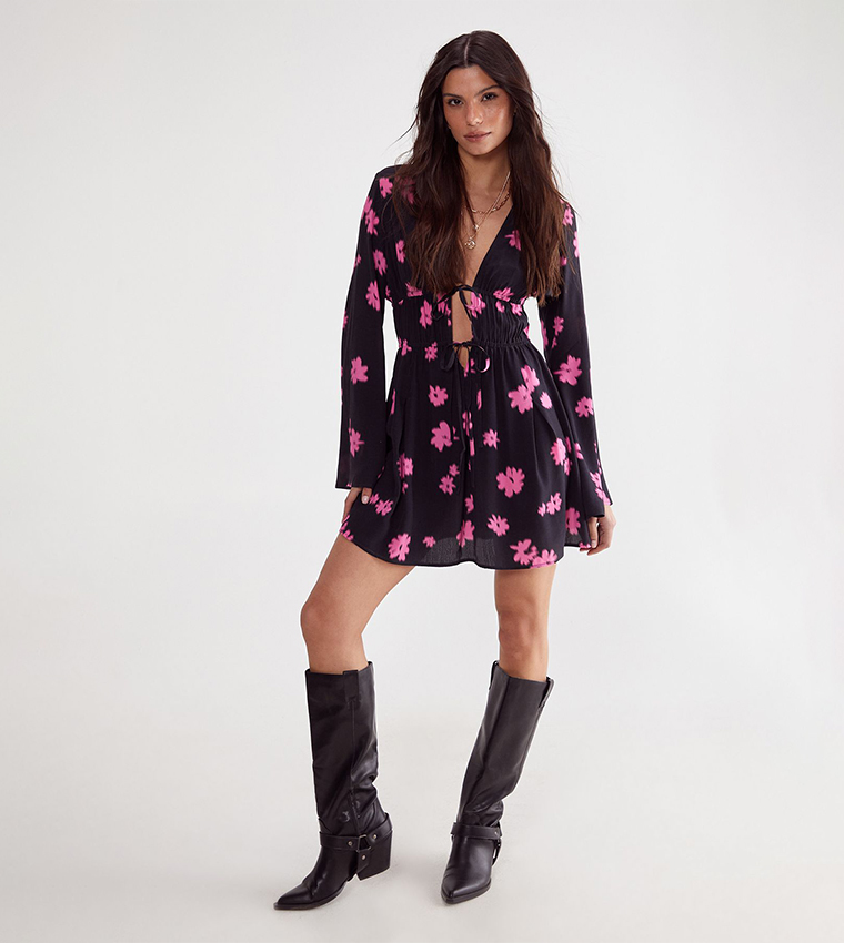 Floral Print Ruched Tie Fluted Sleeves Mini Dress