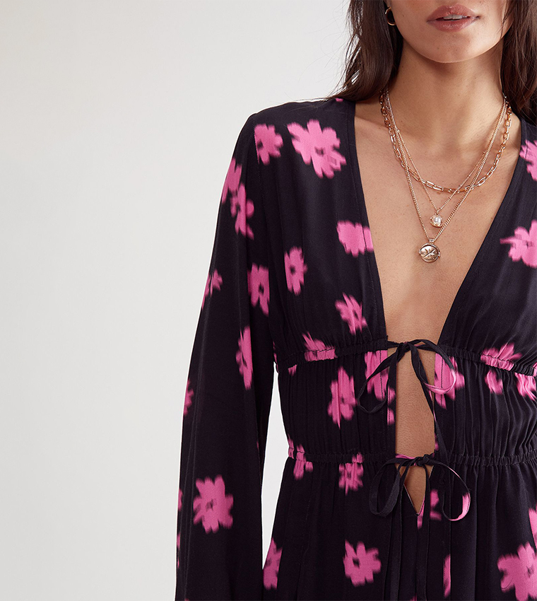 Floral Print Ruched Tie Fluted Sleeves Mini Dress