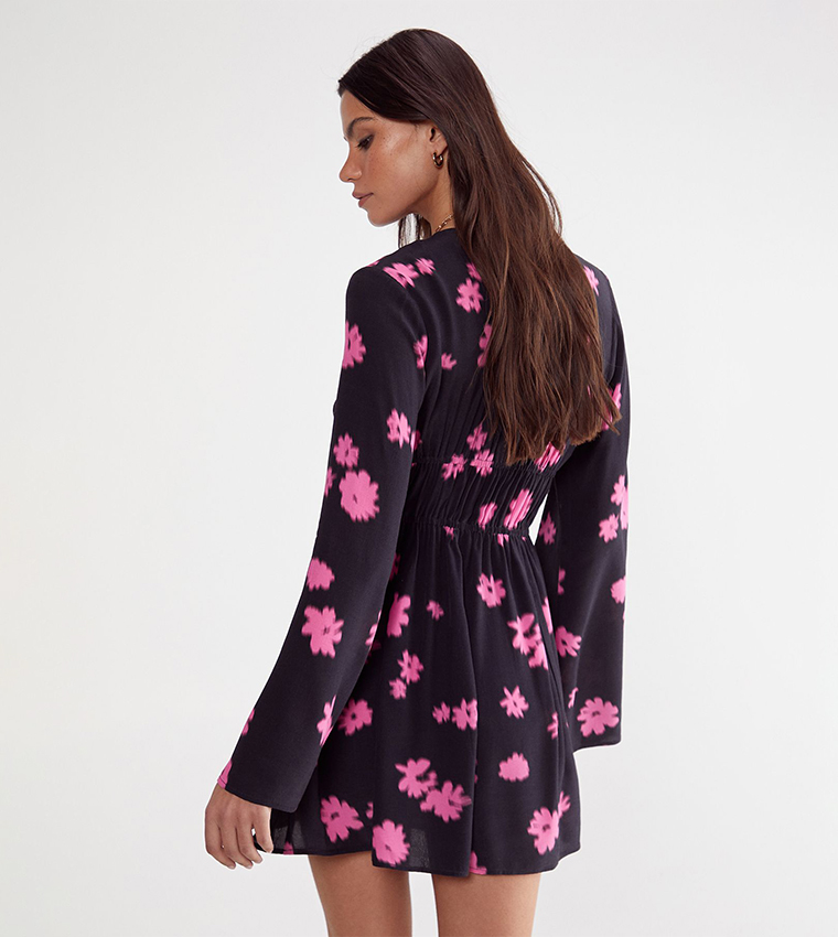 Floral Print Ruched Tie Fluted Sleeves Mini Dress