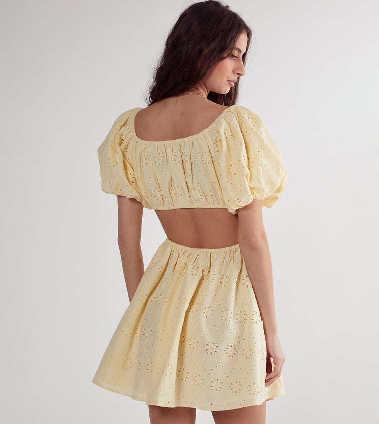 Broderie Cut Out Tie Front Puff Sleeves Skater Dress