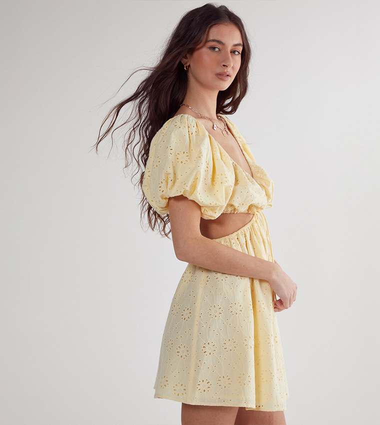 Broderie Cut Out Tie Front Puff Sleeves Skater Dress