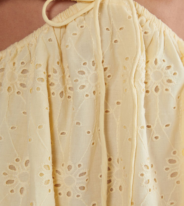 Broderie Cut Out Tie Front Puff Sleeves Skater Dress