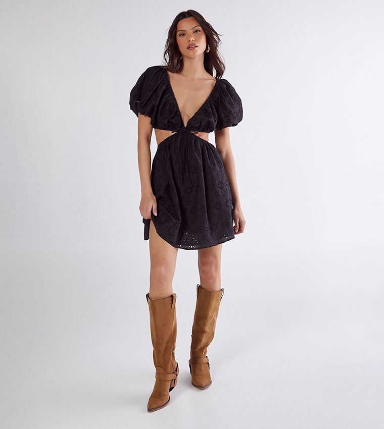 Broderie Cut-Out Tie Front Puff Sleeves Skater Dress