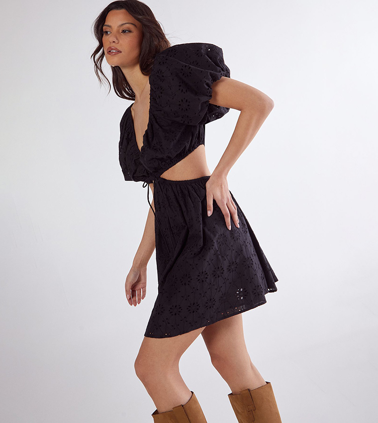 Broderie Cut-Out Tie Front Puff Sleeves Skater Dress