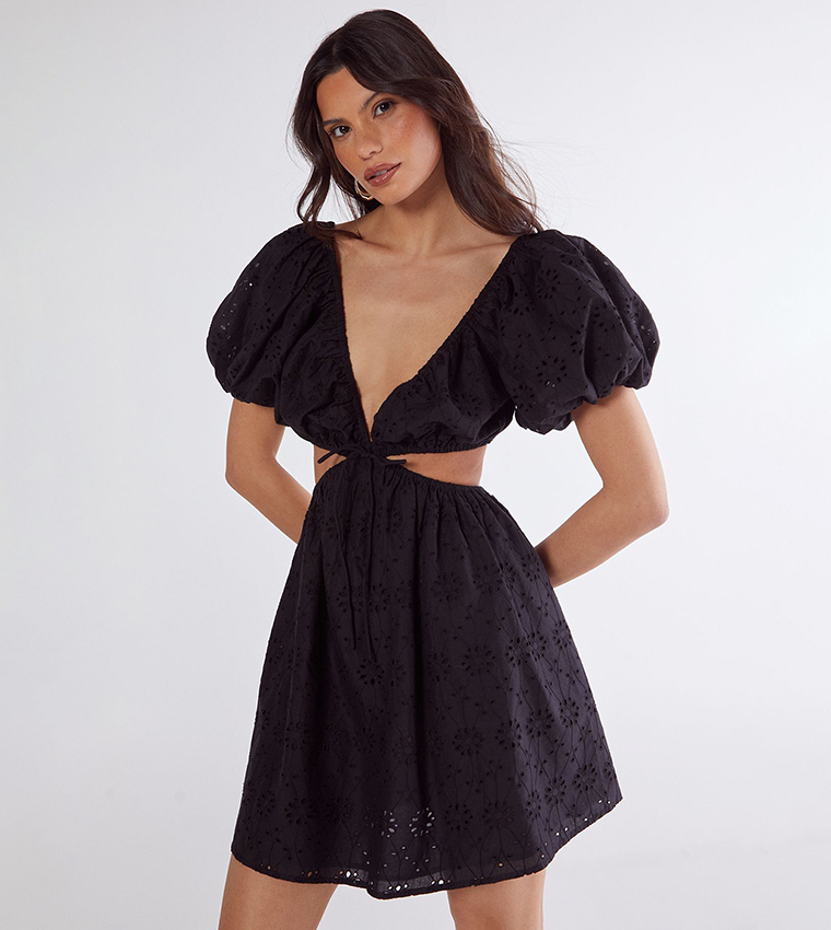 Broderie Cut-Out Tie Front Puff Sleeves Skater Dress